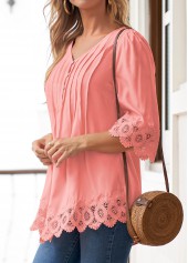 Pink Tuck Stitch 3/4 Sleeve V Neck Blouse | thumb picture 
