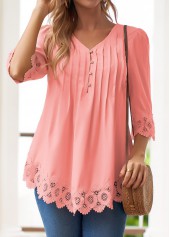 Pink Tuck Stitch 3/4 Sleeve V Neck Blouse
