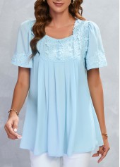 Light Blue Lace Half Sleeve Square Neck Blouse