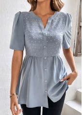 Dusty Blue Patchwork Short Sleeve Split Neck Blouse