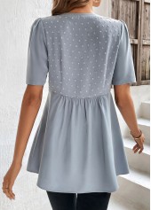 Dusty Blue Patchwork Short Sleeve Split Neck Blouse