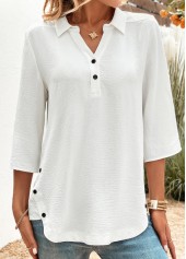 White Button 3/4 Sleeve Shirt Collar Blouse