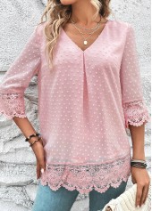 Light Pink Lace 3/4 Sleeve V Neck Blouse | thumb picture 