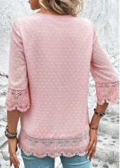 Light Pink Lace 3/4 Sleeve V Neck Blouse | thumb picture 