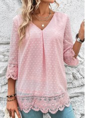 Light Pink Lace 3/4 Sleeve V Neck Blouse