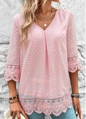 Light Pink Lace 3/4 Sleeve V Neck Blouse | thumb picture 