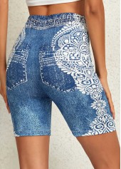 Denim Blue Tribal Print Skinny Elastic Waist Shorts | thumb picture 