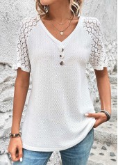 White Patchwork Short Sleeve V Neck T Shirt | thumb picture 