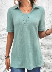 Mint Green Eyelet Short Sleeve Shirt Collar Blouse | thumb picture 