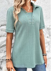 Mint Green Eyelet Short Sleeve Shirt Collar Blouse