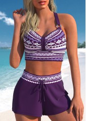 Metal Ring Tribal Print Purple Bikini Top