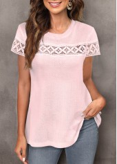 Light Pink Lace Short Sleeve Round Neck T Shirt