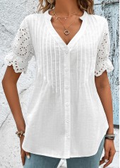 White Scalloped Hem Short Sleeve Split Neck Blouse