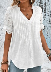 White Scalloped Hem Short Sleeve Split Neck Blouse | thumb picture 