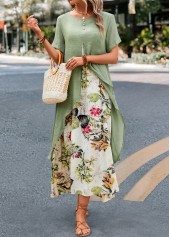 Sage Green Fake 2in1 Leaf Print Dress