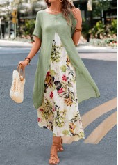 Sage Green Fake 2in1 Leaf Print Dress | thumb picture 