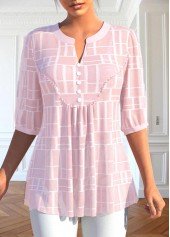 Light Pink Button 3/4 Sleeve Split Neck Blouse