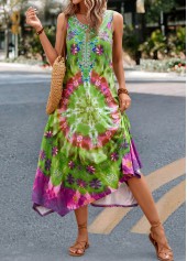 Green Handkerchief Hem Tie Dye Print Dress
