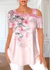 Light Pink Sequin Floral Print T Shirt