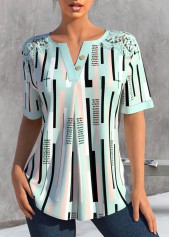 Green Lace Striped Short Sleeve Split Neck Blouse
