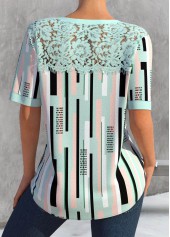 Green Lace Striped Short Sleeve Split Neck Blouse | thumb picture 