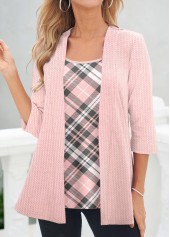 Pink Fake 2in1 Plaid Long Sleeve T Shirt