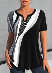 Black Button Geometric Print Short Sleeve Split Neck Blouse