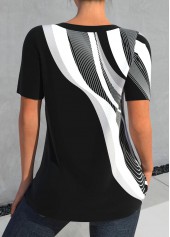 Black Button Geometric Print Short Sleeve Split Neck Blouse | thumb picture 