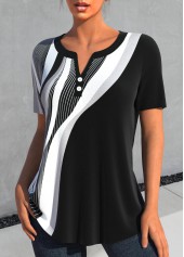 Black Button Geometric Print Short Sleeve Split Neck Blouse | thumb picture 