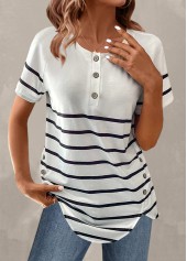 White Button Striped Short Sleeve T Shirt