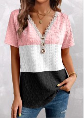 Plus Size Pink Patchwork Short Sleeve T Shirt | thumb picture 