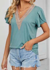Green Patchwork Short Sleeve V Neck T Shirt | thumb picture 