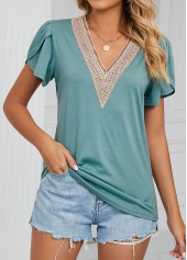 Green Patchwork Short Sleeve V Neck T Shirt