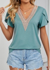 Green Patchwork Short Sleeve V Neck T Shirt | thumb picture 