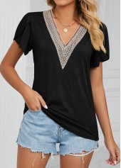 Black Patchwork Short Sleeve V Neck T Shirt
