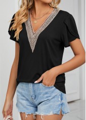 Black Patchwork Short Sleeve V Neck T Shirt