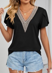 Black Patchwork Short Sleeve V Neck T Shirt