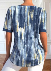 Dusty Blue Button Ombre Short Sleeve Split Neck Blouse