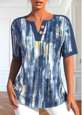 Dusty Blue Button Ombre Short Sleeve Split Neck Blouse