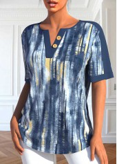 Dusty Blue Button Ombre Short Sleeve Split Neck Blouse