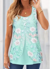 Cyan Layered Floral Print Sleeveless Tank Top