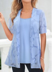Blue Short Sleeve Square Neck Fake Two Piece Twinset