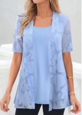 Blue Short Sleeve Square Neck Fake Two Piece Twinset | thumb picture 