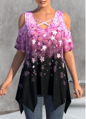 Hot Pink Handkerchief Hem Floral Print T Shirt