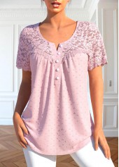 Light Pink Patchwork Short Sleeve Round Neck Blouse