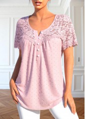 Light Pink Patchwork Short Sleeve Round Neck Blouse | thumb picture 