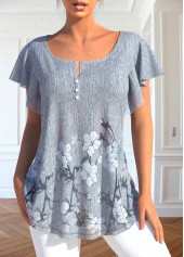 Grey Button Floral Print Short Sleeve T Shirt