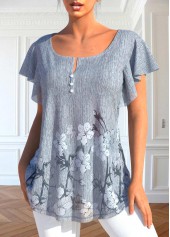 Grey Button Floral Print Short Sleeve T Shirt | thumb picture 
