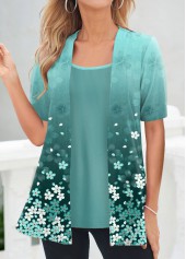 Cyan Floral Print Short Sleeve Fake Two Piece Twinset