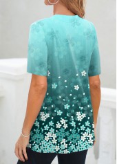 Cyan Floral Print Short Sleeve Fake Two Piece Twinset